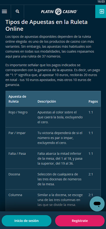 Tabla de pagos del juego 20p Boost Roulette