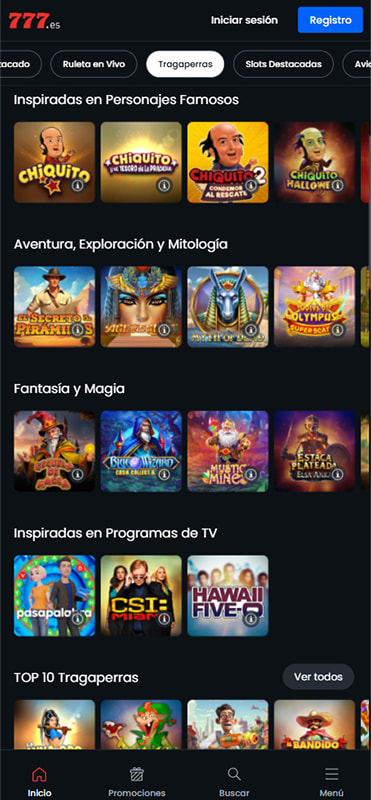 Catálogo de tragaperras de un casino online