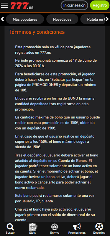 Términos y condiciones del bono de Casino777