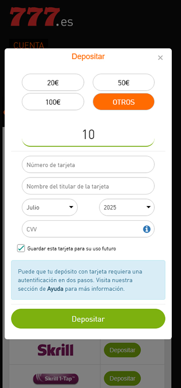 La página bancaria de Casino777