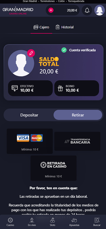 La página de caja de Gran Madrid Casino Online