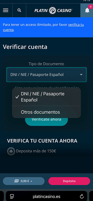 La sección de verificación de cuenta en un casino online