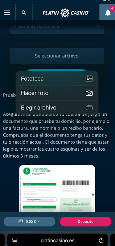 Interfaz de carga de documentos de un casino
