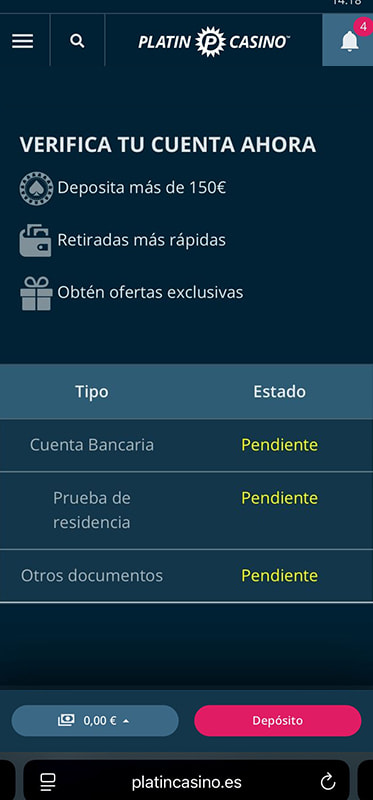 Pantalla de confirmación de envío en un casino online