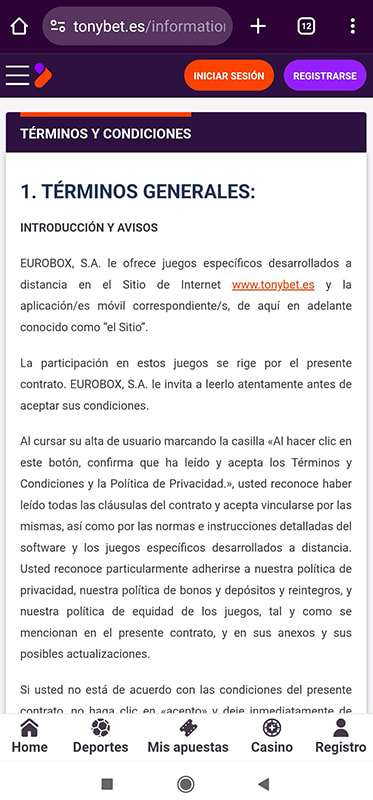 Página de Términos y Condiciones de un casino online.<