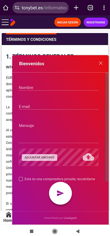 Formulario de contacto de atención al cliente en  un casino online.