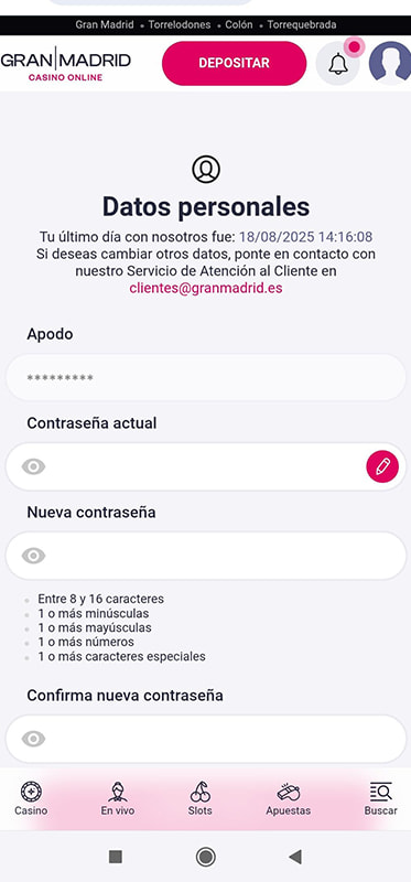 La página de las credenciales de una cuenta de casino