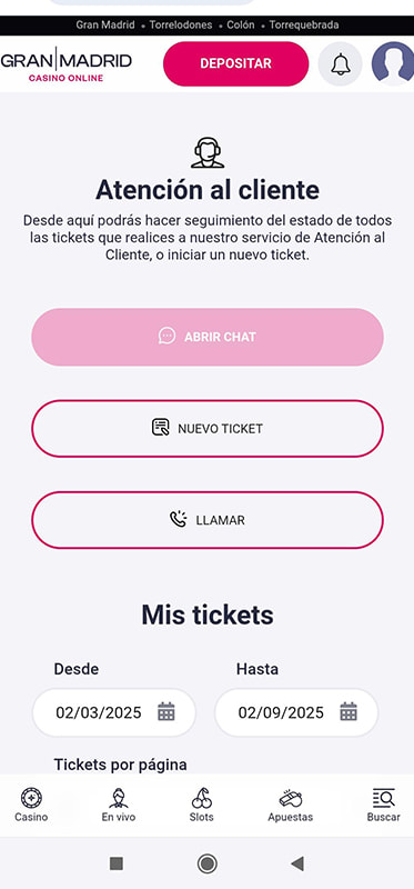 La página de contacto con el servicio de atención al cliente en el casino