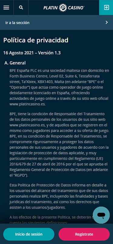Política de protección de datos de un casino online