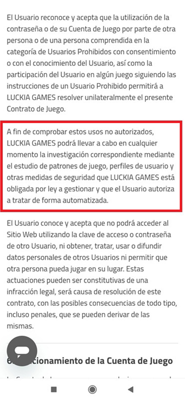 Apartado sobre los términos y condiciones ante patrones de apuestas sospechosos en el casino Luckia.