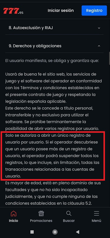 Términos y condiciones sobre la prohibición de la apertura múltiple de cuentas en el Casino777.