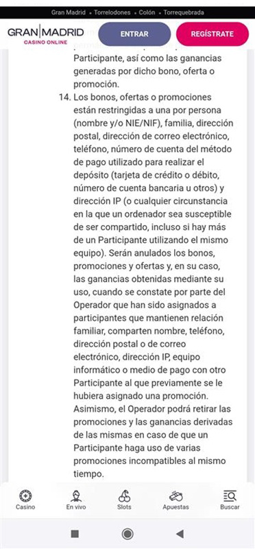 Términos y condiciones sobre la prohibición de la apertura múltiple de cuentas en el Gran Madrid Casino Online.