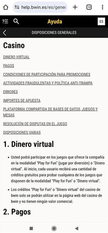 La página de ayuda de bwin.