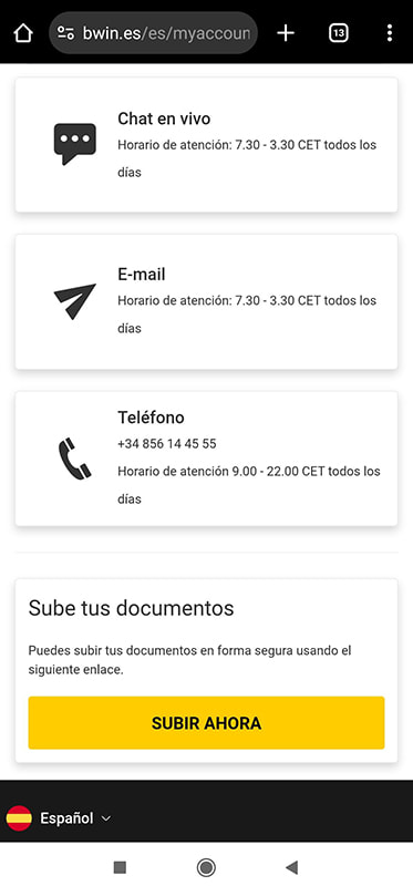 Las opciones de contacto de bwin.