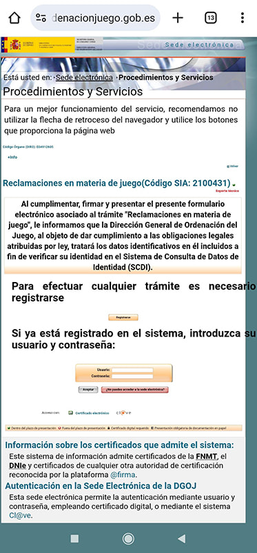 La página de la DGOJ para hacer reclamaciones.
