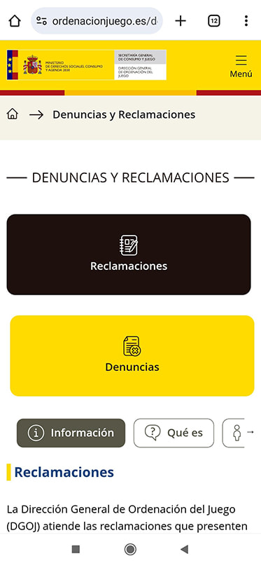 La sección de denuncias y reclamaciones en el portal de la DGOJ.