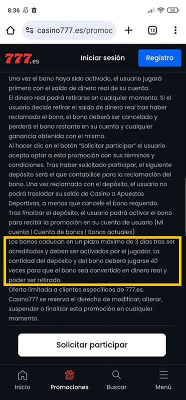 Requisitos de apuesta de un bono en Casino777.