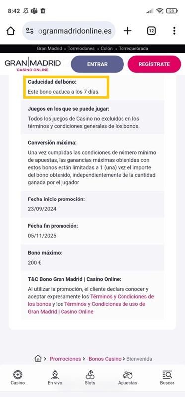 Información sobre la caducidad de un bono del Gran Madrid Casino Online.
