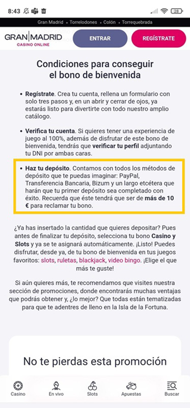 Condiciones sobre el depósito para activar una bonificación en el Gran Madrid Casino Online.