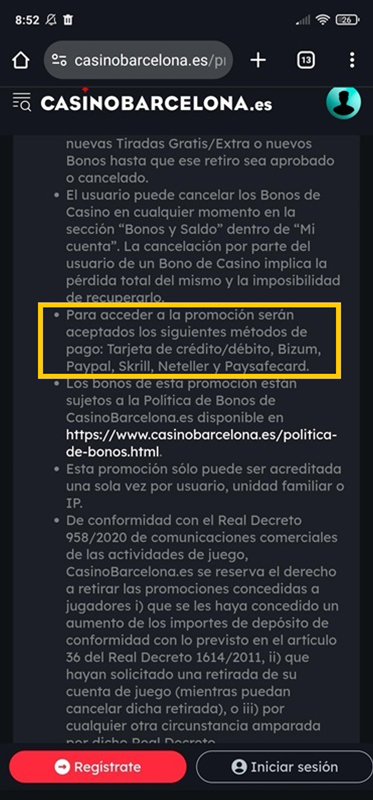 Restricciones de pago en los términos de bonificación del sitio Casino Barcelona.