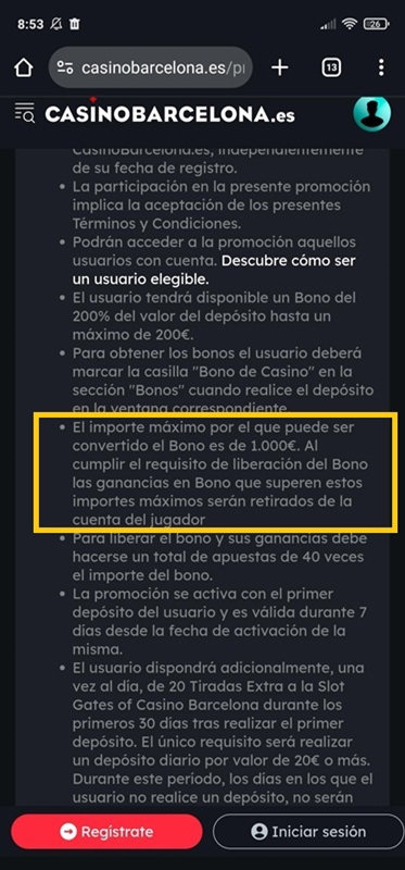 Condiciones sobre la ganancia máxima retirable en un bono del Casino Barcelona.