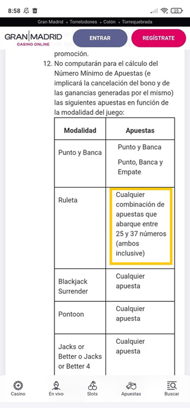 Advertencia sobre patrones de apuestas inusuales en los términos de bonificación del Gran Madrid Casino Online.