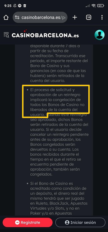 Política de cancelación del bono por solicitud de retiro anticipada en el Casino Barcelona.
