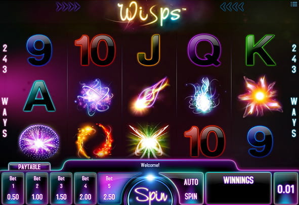 Tablero principal de la slot Wisps desarrollada por iSoftBet con cinco rodillos y tres filas.