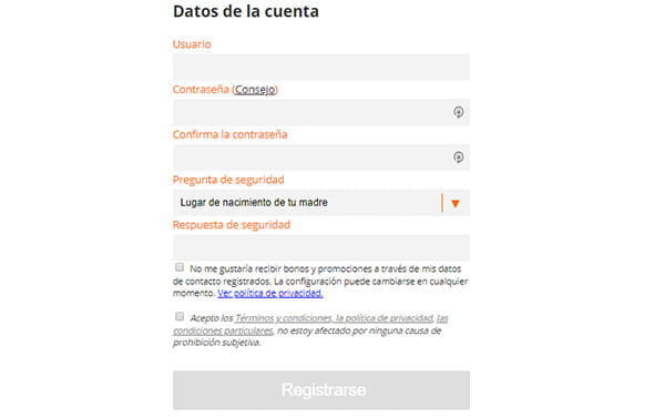 Formulario de registro en un casino online donde se requieren los datos de la cuenta.