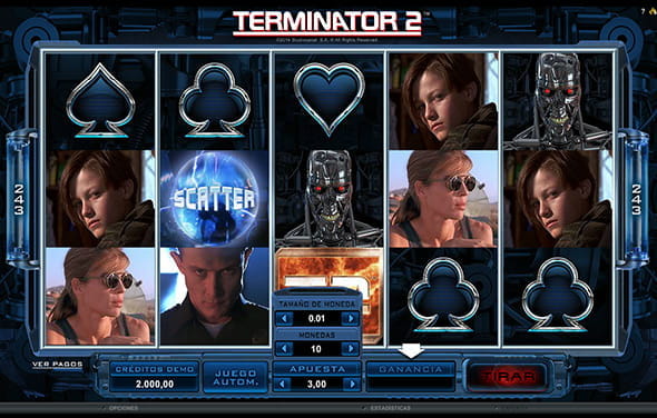Pantalla de juego de la tragaperras de Microgaming Terminator 2.