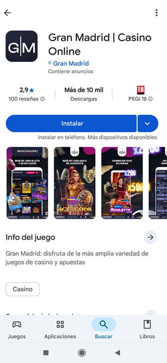 Pantalla de descarga de la app de un casino en línea en España