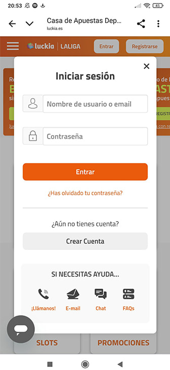 Pantalla de inicio de sesión en casino con depósito mínimo 1€