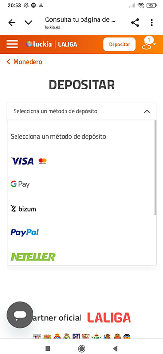 Sección Monedero de casino Luckia con las formas de pago disponibles