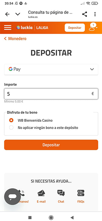 Introducción del importe de depósito deseado mediante Google Pay en casino Luckia
