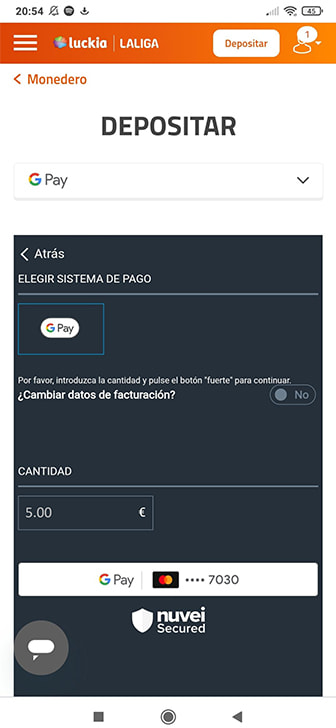 Confirmación de depósito con Google Pay en Luckia