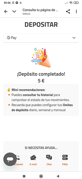 Notificación de transacción realizada con Google Pay en Luckia
