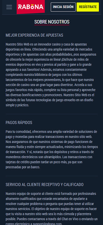 Página Sobre Nosotros del casino Rabona