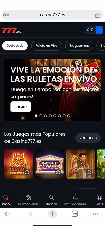 Página de inicio de un casino con Apple Pay.
