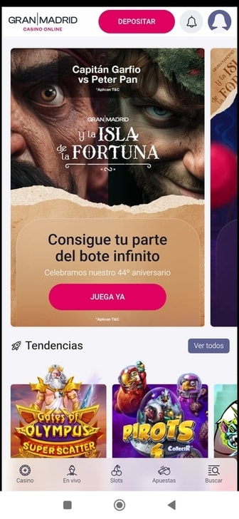 Pantalla de inicio del sitio web de Casino Gran Madrid.