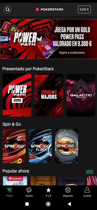 Vista de la página de inicio del sitio oficial de PokerStars.
