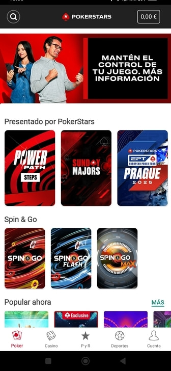 Página de inicio del casino PokerStars con acceso al cajero.