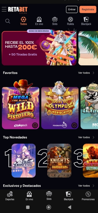 Pantalla de inicio de RETAbet Casino