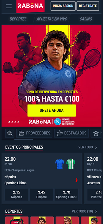 Página principal de la app del casino Rabona