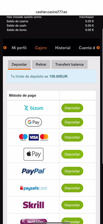 Lista de opciones de pago disponible en Casino777.