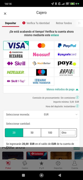 Métodos de pago disponibles en PokerStars.