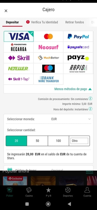 Sección de cajero de un casino online con Neteller.