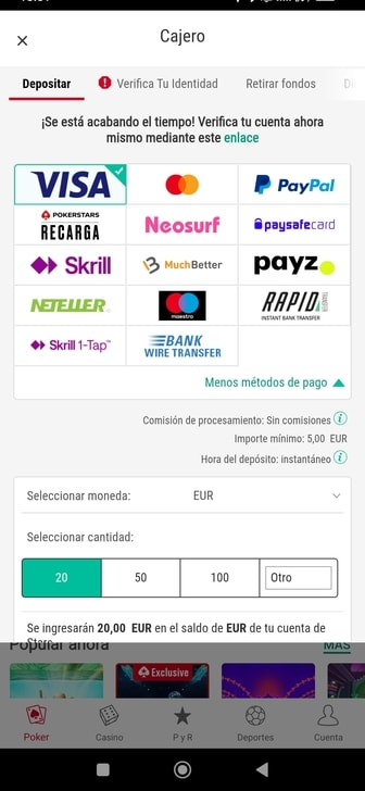 Métodos de pago disponibles en PokerStars, incluyendo Payz.