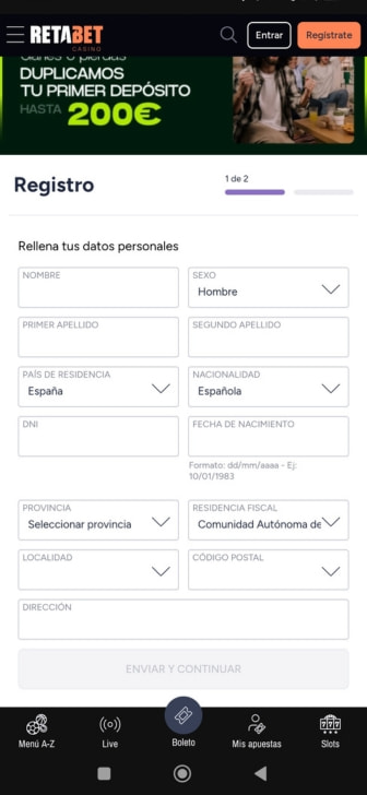 Formulario de registro de RETAbet Casino