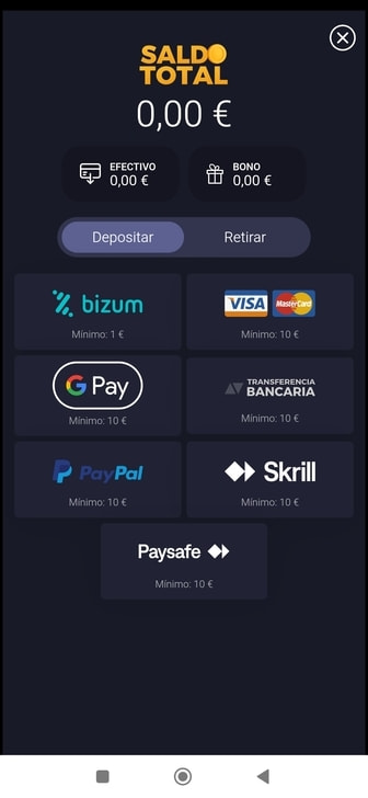 Sección de cajero de un casino online con tarjetas de crédito.