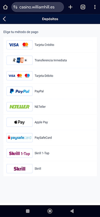 Métodos de pago disponibles en William Hill